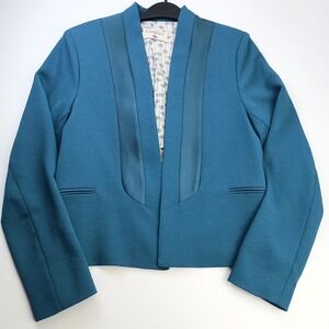 Cotelac Teal Blue Open Front Cropped Blazer Satin Trim Palm Tree Lining Size 2